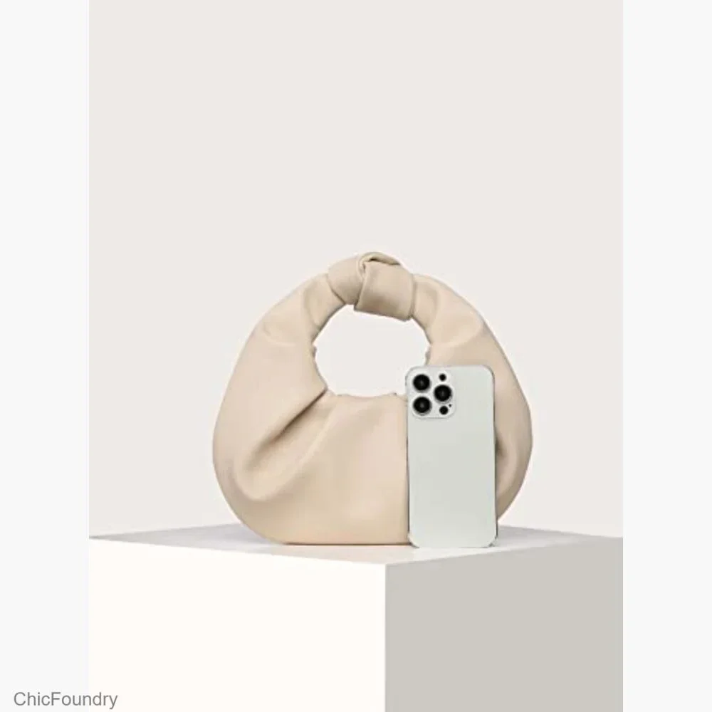 Ruched Faux Leather Hobo Clutch Purse, Top Handle, Button Closure, Evening Bag